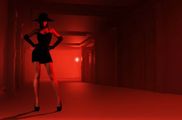 3Dレンダリングイラストのセクシー女性で黒ドレス ハイヒールと帽子立って上の赤色のホテル廊下の背景 — ストック写真