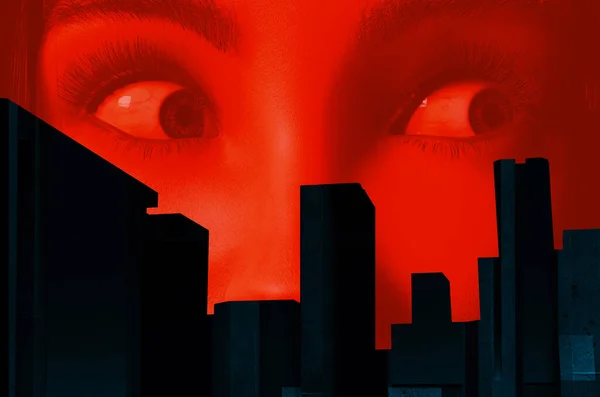 Render Noir Illusztráció Ijedt Hölgy Arc Toon Piros Színű Városkép — Stock Fotó