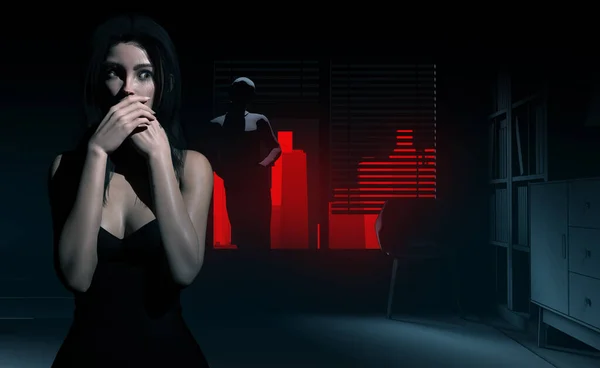 Візуалізація Трилер Ілюстрація Наляканої Леді Чорному Платті Стоїть Темній Кімнаті — стокове фото