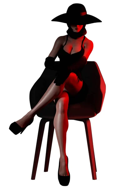 Izolacja Renderowania Ilustracja Sexy Szpieg Lady Czarny Strój Kapelusz Siedzi — Zdjęcie stockowe