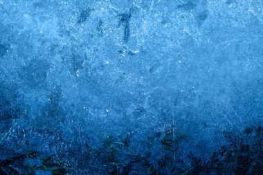 Close up photo texture of frozen ice ground surface with grass.