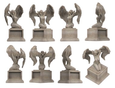 Üç boyutlu izole edilmiş, antik taş melek heykeli, kaidesel oturma pozisyonu, çeşitli açılar..