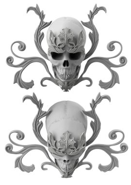 Kil gotik barok süslü heraldik kafatasının çeşitli açılardan izole edilmiş 3D çizimi.
