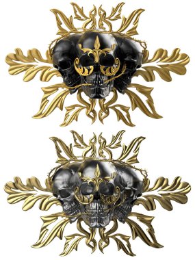 İzole edilmiş 3D çizim altın ve gümüş gotik barok süslemeli kraliyet kafatasları.