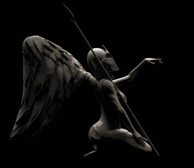 Üç boyutlu gölgelendirilmiş antik taş kadın savaşçı melek heykeli. Siyah arka planda mızrak kenarı manzaralı bir poz..