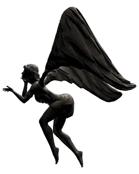Illustration Isolée Statue Ange Femelle Marbre Noir Pose Penchée Vue — Photo