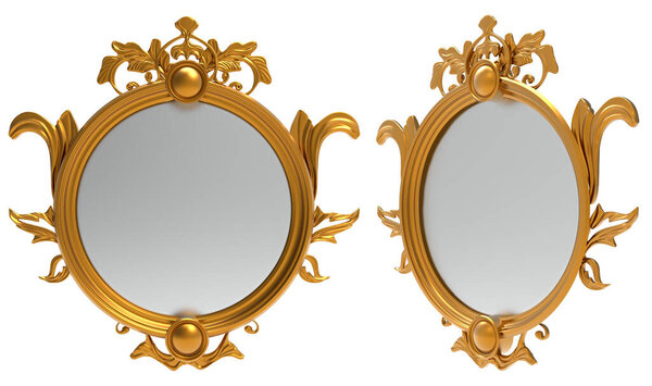 Isolated 3d render illustration of golden or copper royal baroque floral ornated mirror or picture frame front and 3/4 view on white background.