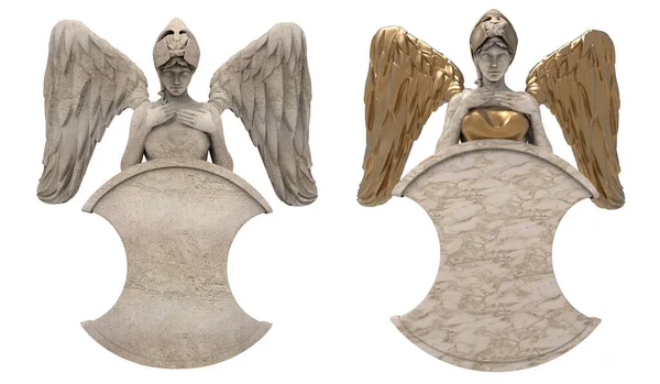 隔離された3Dレンダリング 古代の石と金の女性天使の戦士像のイラスト シールドに傾く さまざまな角度 — ストック写真