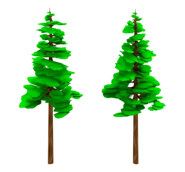 等距游戏低矮多型松树的分离3D渲染说明 — 图库照片