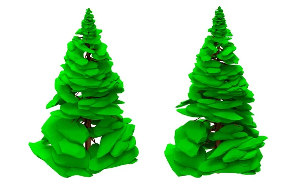 等距游戏低倍型云杉树的分离3D渲染说明 — 图库照片