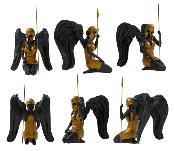 Isolated Render Illustration Black Marble Golden Warrior Guardian Angel Statue — Stock Photo, Image
