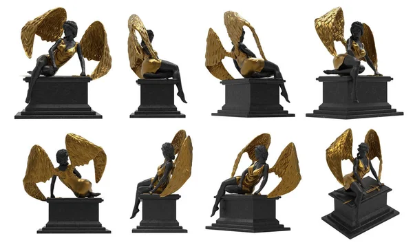Siyah Mermer Altın Dişi Melek Heykelinin Farklı Açılarda Kaidede Oturduğu — Stok fotoğraf