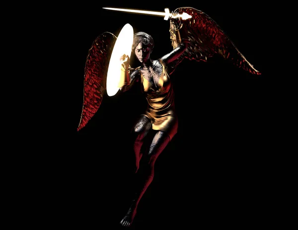Render Illustration Antique Golden Female Warrior Angel Front View Statue — Stock Photo, Image
