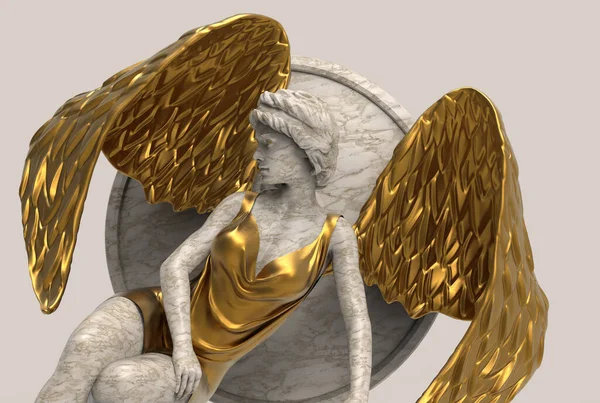 Renderowania Ilustracji Zabytkowego Złota Białego Marmuru Żeński Anioł Posąg Szarym — Zdjęcie stockowe