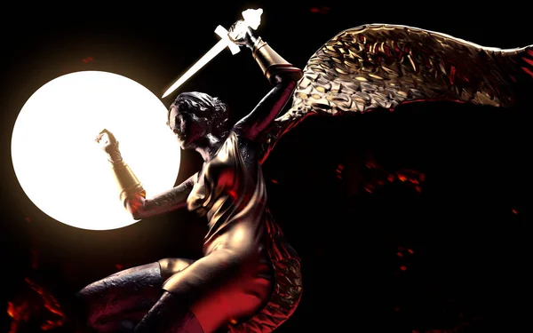 黒い背景に剣と輝く盾を持つアンティークゴールデン女性戦士天使像の3Dレンダリングイラスト — ストック写真
