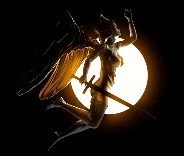Визуализация Античной Золотой Статуи Ангела Воительницы Мечом Светящимся Солнцем Черном — стоковое фото