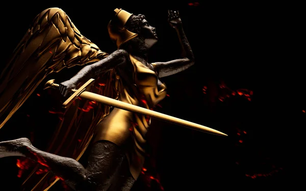 黒い背景に剣と輝く灰が付いたアンティークゴールデン女性戦士天使像の3Dレンダリングイラスト — ストック写真