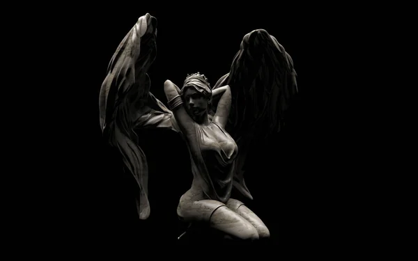 黒い背景にポーズ3 4ビューの影のアンティークストーン女性天使像の3Dレンダリングイラスト — ストック写真