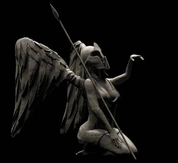 Render Illustration Shaded Antique Stone Female Warrior Angel Statue Sitting — Stock Photo, Image