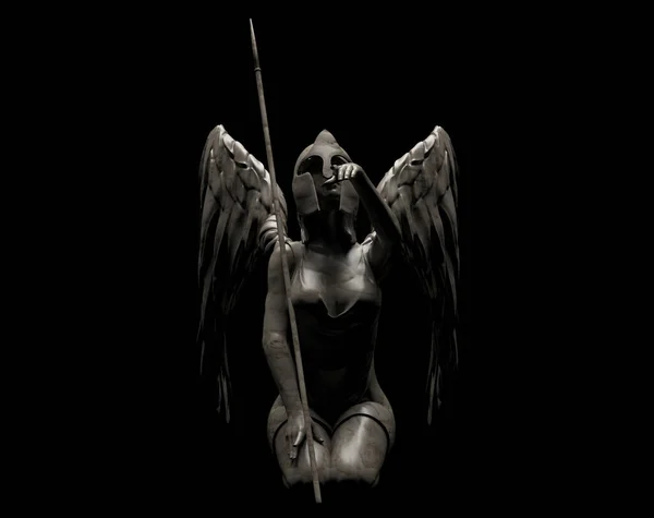 黒い背景に槍の前景と座っている影のアンティーク石の女性戦士の天使像の3Dレンダリングイラスト — ストック写真