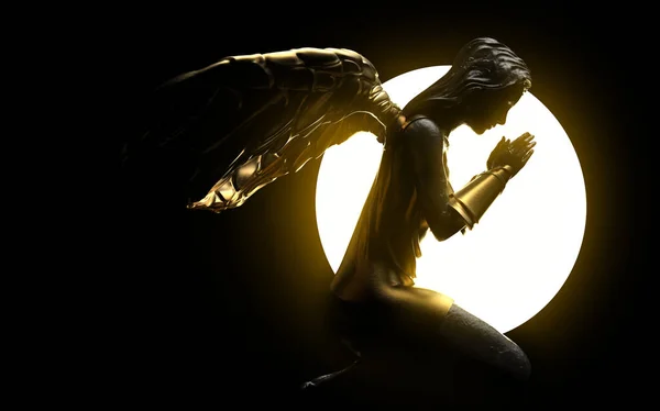 黒い背景に輝く太陽で礼拝するアンティークゴールデン女性天使像の3Dレンダリングイラスト — ストック写真