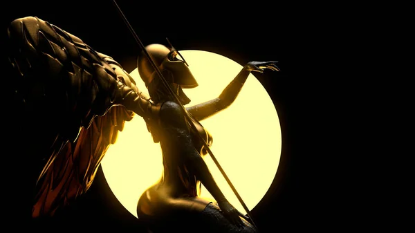Визуализация Античной Золотой Статуи Ангела Воительницы Сидящей Копьём Шлемом Светящимся — стоковое фото