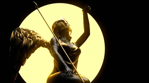 Візуальна Ілюстрація Старовинної Золотої Жіночої Статуї Ангела Воїна Сидить Списом — стокове фото