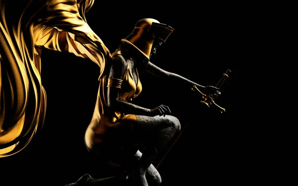 Візуалізація Ілюстрації Античної Золотої Жіночої Статуї Ангела Воїна Колінах Мечем — стокове фото