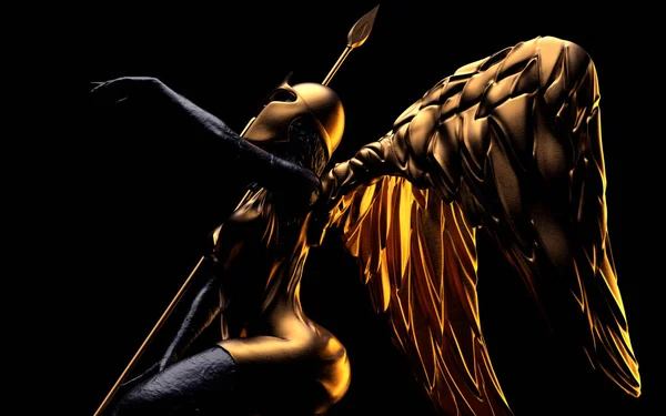 Візуалізація Ілюстрації Старовинної Золотої Жіночої Статуї Ангела Воїна Шоломі Списі — стокове фото