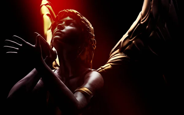 Рендеринг Иллюстрации Античной Золотой Статуи Ангела Женского Пола Позирующей Светящемся — стоковое фото
