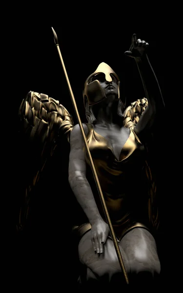 黒い背景に槍で座っている影のアンティーク石と金の女性の戦士の天使像の3Dレンダリングイラスト — ストック写真