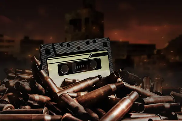 Foto Einer Alten Tonbandkassette Auf Kugelhaufen Ruinierte Stadt Brachland Hintergrund — Stockfoto