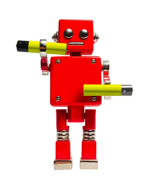 Foto Terisolasi Dari Robot Mainan Merah Memegang Baterai Alkali Pada — Stok Foto