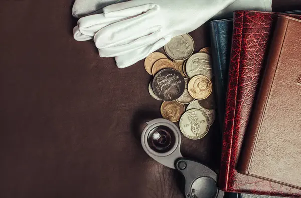 Foto Der Numismatischen Tischoberseite Mit Weißen Handschuhen Münzen Und Buchhaltern Stockbild
