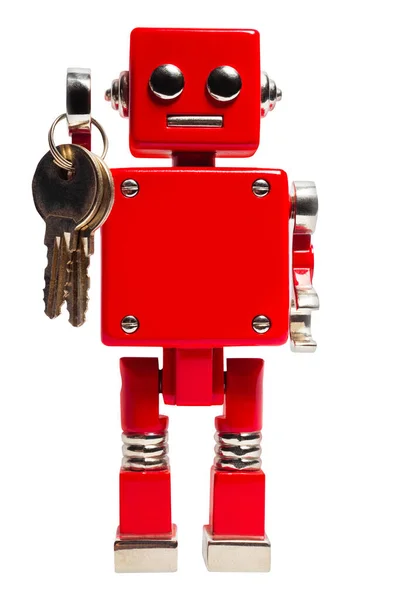 Foto Terisolasi Dari Robot Mainan Merah Memegang Kunci Pada Latar — Stok Foto