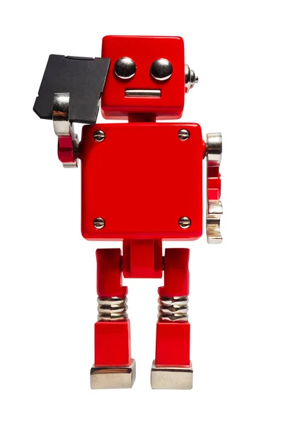 Foto Terisolasi Dari Robot Mainan Merah Memegang Kartu Pada Latar — Stok Foto