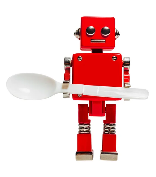 Isoliertes Foto Von Rotem Spielzeugroboter Mit Plastiklöffel Auf Weißem Hintergrund — Stockfoto