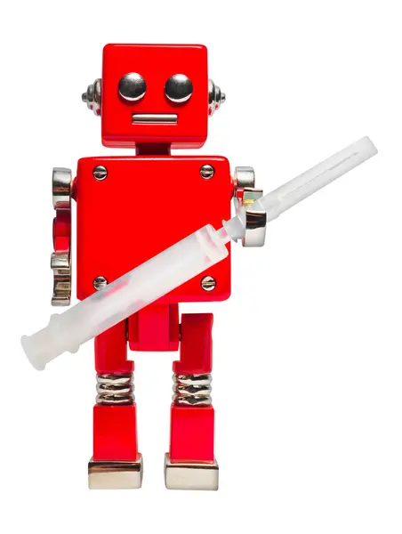 Foto Terisolasi Dari Robot Mainan Merah Memegang Jarum Suntik Pada — Stok Foto
