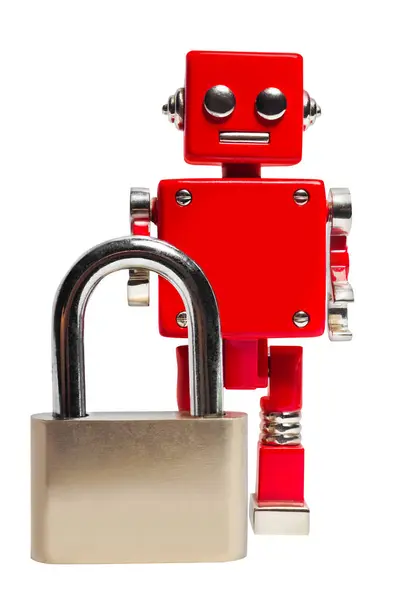 Foto Terisolasi Dari Robot Mainan Merah Memegang Kunci Pintu Logam Stok Gambar