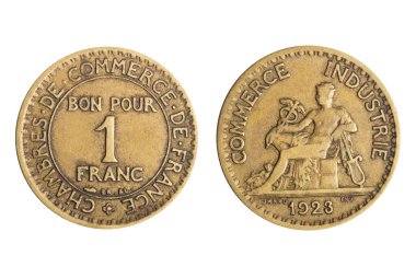 Beyaz arka planda 1 Fransız 1923 Fransız alüminyum-bronz sikkesi 1870-1941..