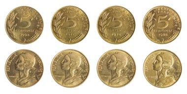 Isolated photo of 5 French 1971, 1978, 1988 and 1998 centimes aluminium-bronze coins of Fifth Republic 1959-2002 on white background. clipart