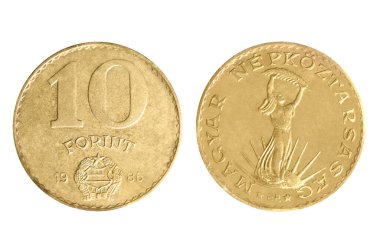 10 Macar 1986 forint alüminyum-bronz sikkesi 1946-1989 yılları arasında beyaz arka planda çekilmiştir..