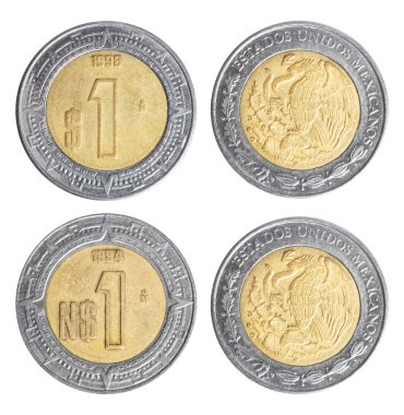 Beyaz arka planda 1 Meksika 1994 ve 1998 pesolarının izole edilmiş fotoğrafı..