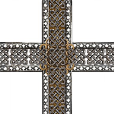 Beyaz zemin üzerinde metal süslemeli veya viking çelik ağ desenli kusursuz izole fotoğraf.