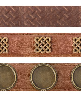 Kabartmalı ve bronz kelt süslemeleriyle süslenmiş kusursuz izole fotoğraf, beyaz arka planda kahverengi deri kemerler..