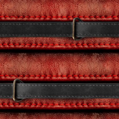 Kırmızı dikişli siyah kayışlı ve kayışlı deri kumaşlı 4k fotoğraf deseni fotoğrafı..