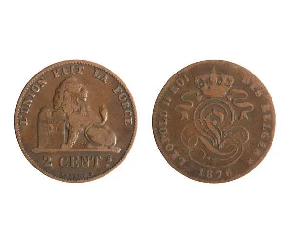 stock image Isolated photo of 2 Belgium 1876 centimes copper coin of King Leopold I on white background.