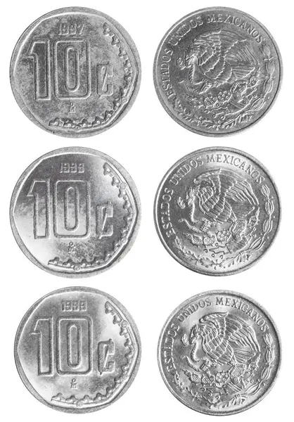 stock image Isolated photo of 10 Mexican 1997 and 1999 centavos stainless steel coins on white background.