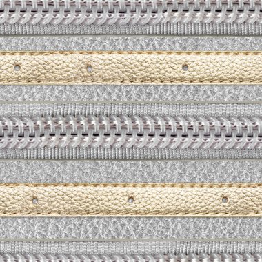 Dikiş ve fermuarlı gümüş ve altın renkli deri kumaşın kusursuz 4k fotoğraf desenli fotoğrafı..