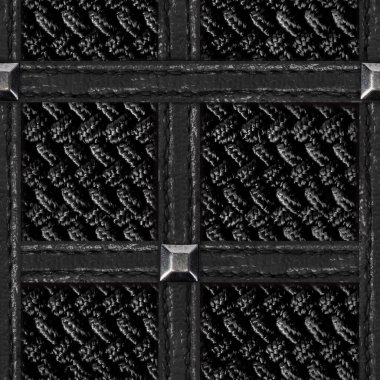 Siyah örülmüş kumaş desenli, siyah deri kemerli perçin örgülü, kusursuz 4k fotoğraf deseni fotoğrafı..